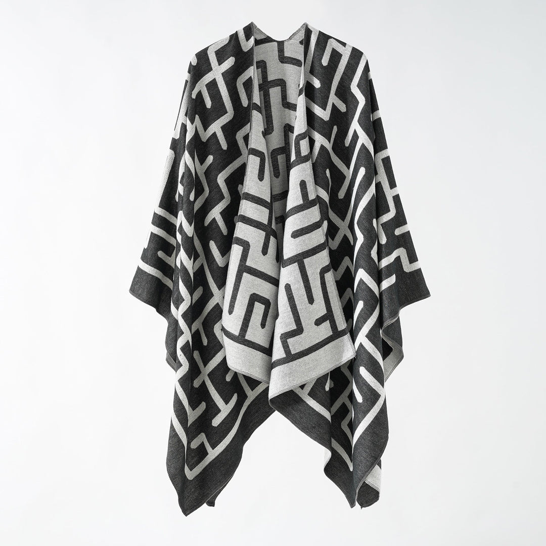 Dam Reversible Jacquard Ruana med Graphic mönster och Asymmetrical fåll