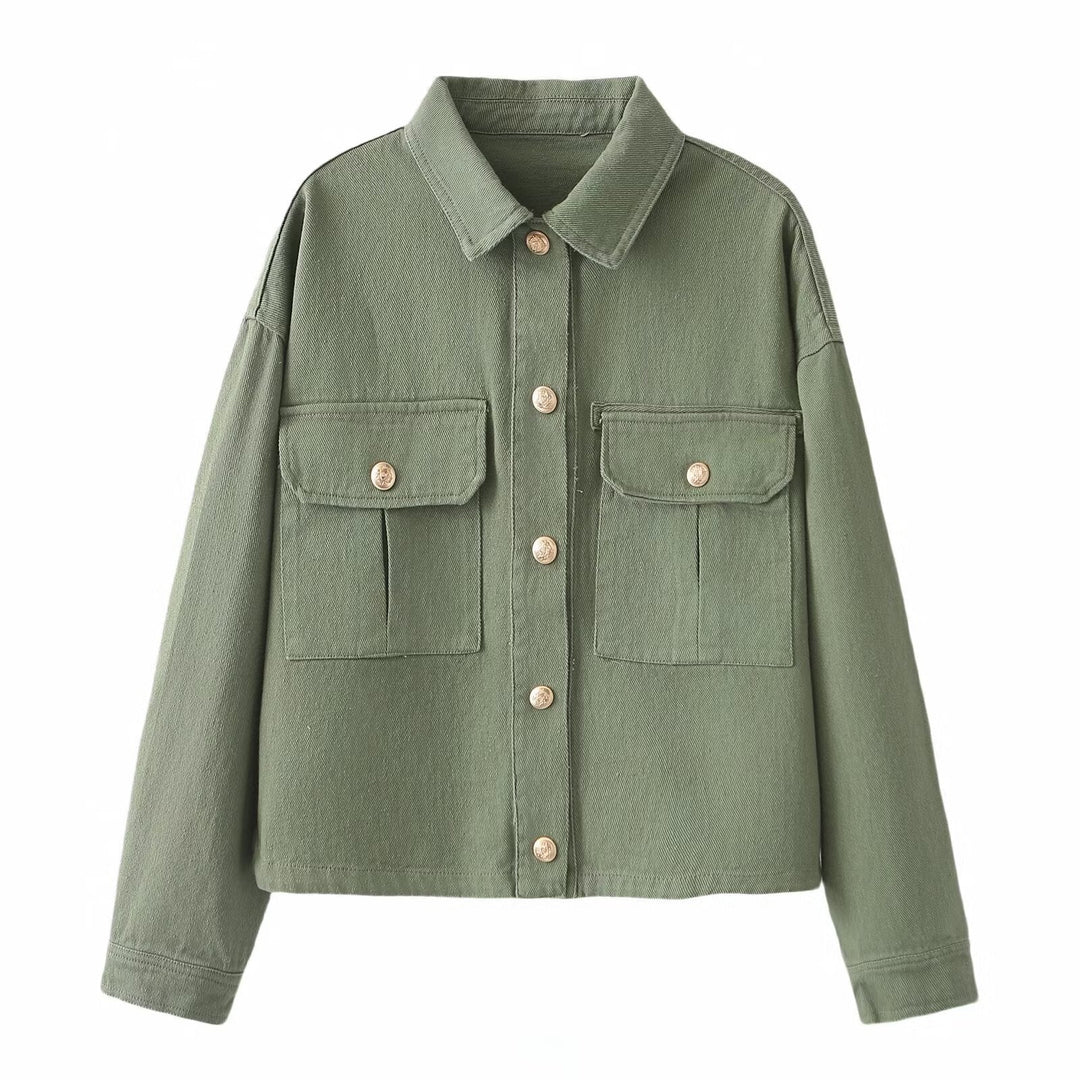 Dam Oversized Utility Jacka Gjord av Twill med Appliquéd Bröst Fickor