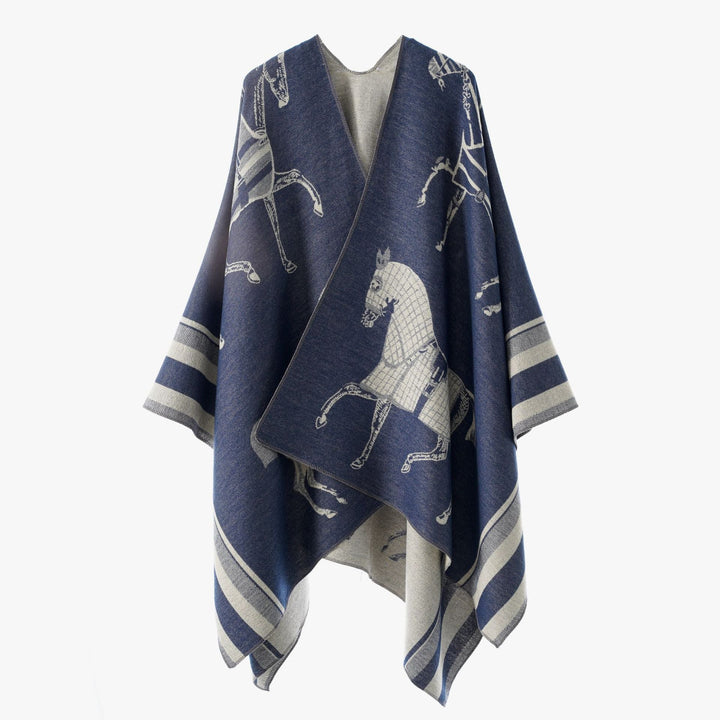 Dam Jacquard Poncho Wrap med Horse Motif och Boxig Kimono Silhuett