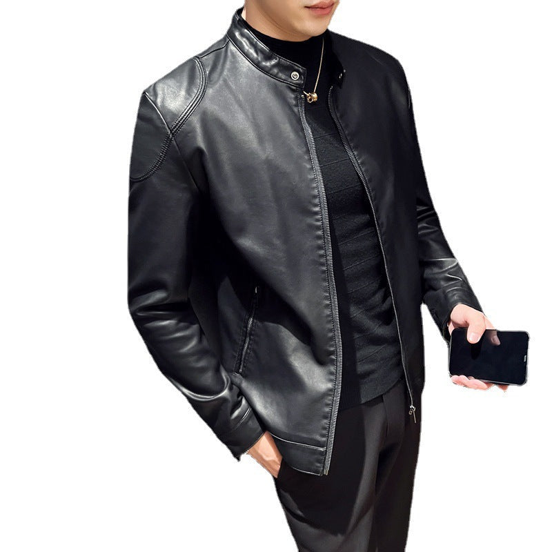 Herr Smal Konstläder Blouson Motorcycle-Inspired Design med Short Stående Krage och Dold Dragkedja