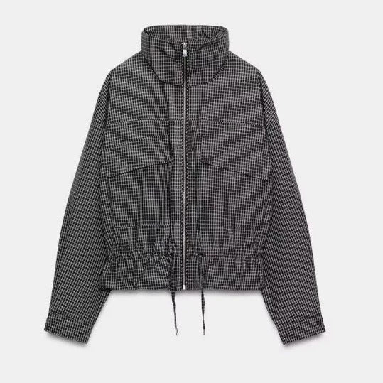 Dam Kort Jacka med Waist Drawstring, Stå Krage och Patch Fickor