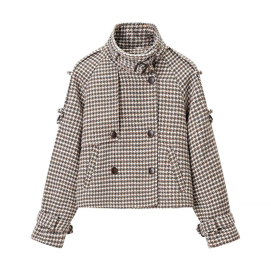 Dam kort double-breasted houndstooth kort kappa med ståkrage och tie cuffs