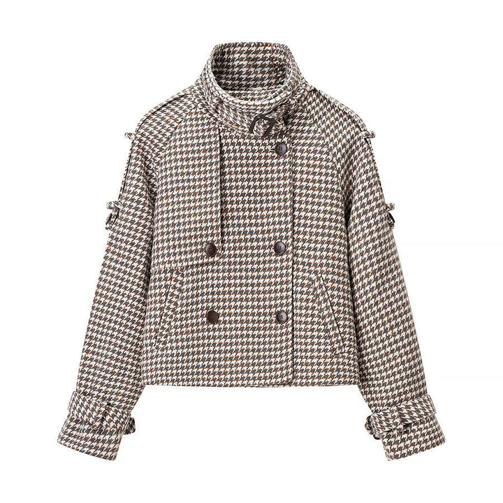 Dam kort double-breasted houndstooth kort kappa med ståkrage och tie cuffs