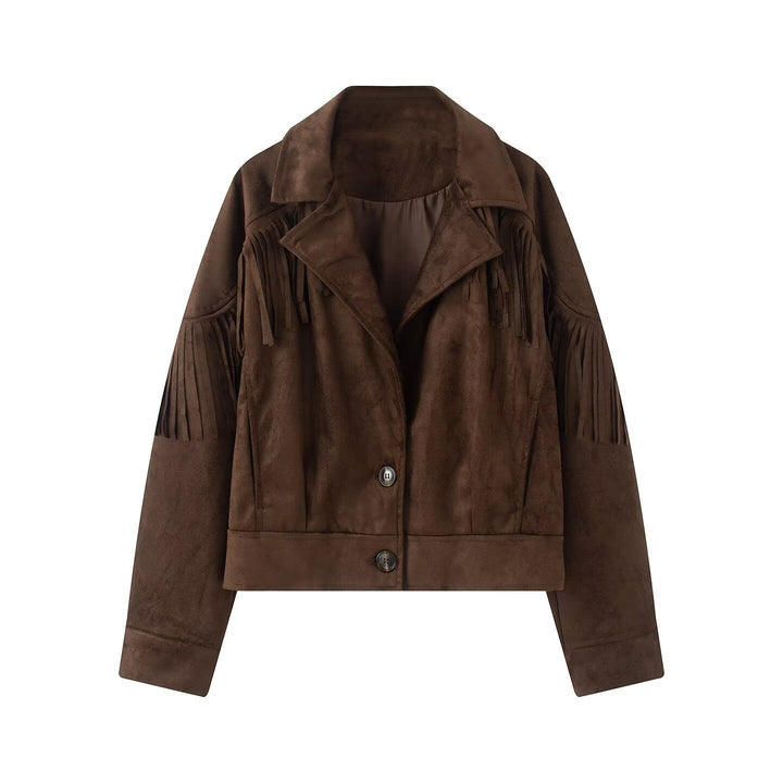 Dam Kort Suede Imitation Jacka med Fringes och Lapel Krage