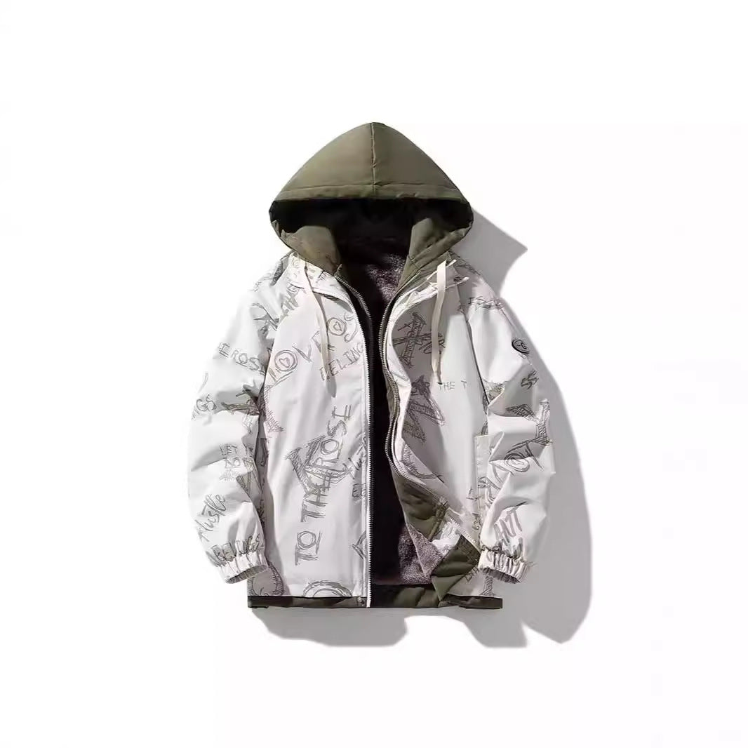 Herr Two-Layer Luvtröja med Fleece Foder och Allover Sketch Tryck