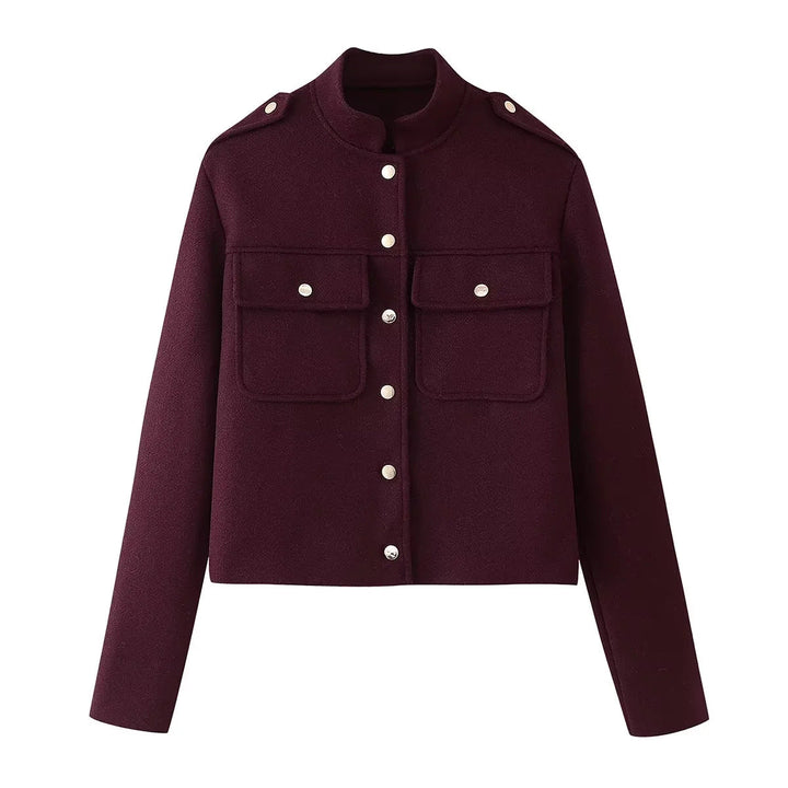 Dam cropped military jacka med ståkrage, epaulettes och applied flap fickor