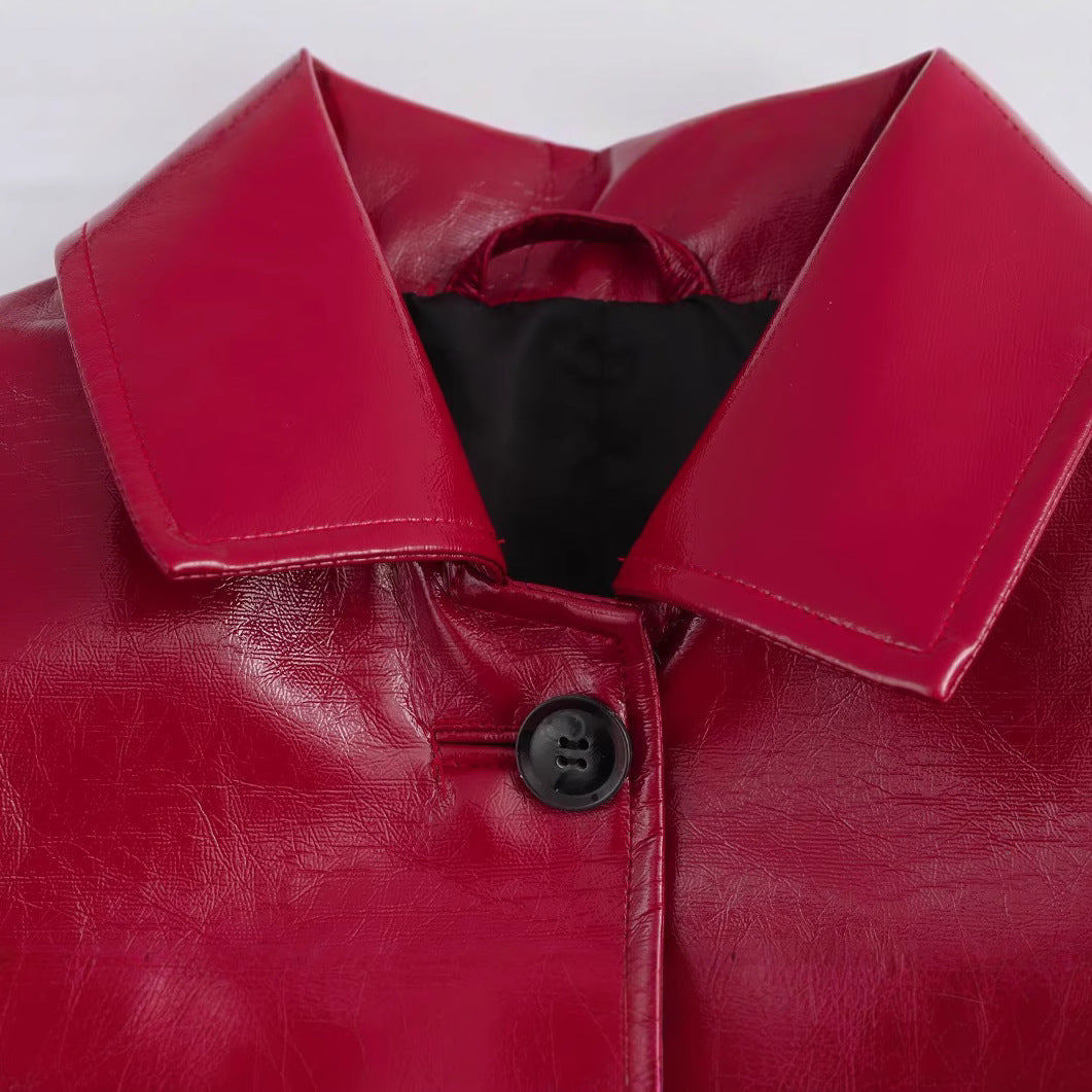 Dam Shiny Konstläder Blouse Jacka i Boxig Skärning med Skjortkrage