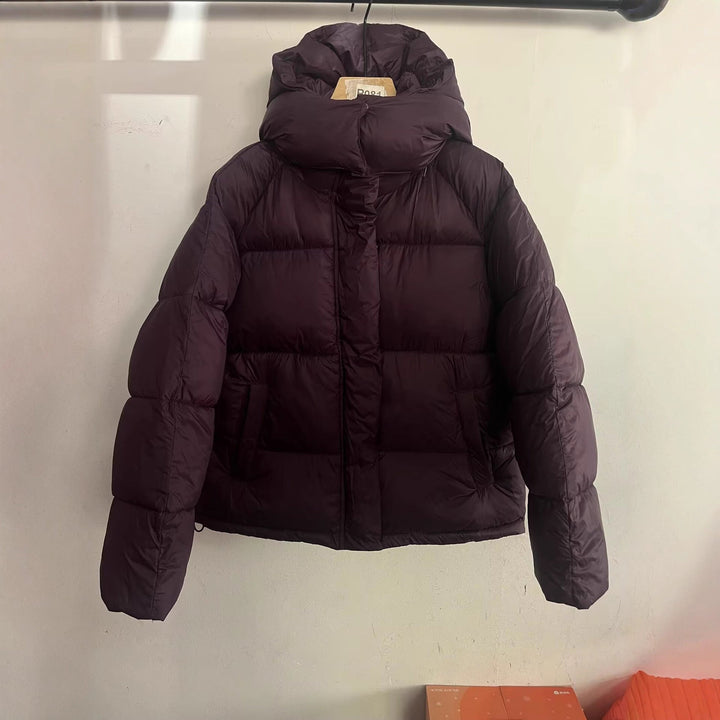 Dam Boxig Quiltad Jacka med Hög Krage, Huva och Concealed Fastening