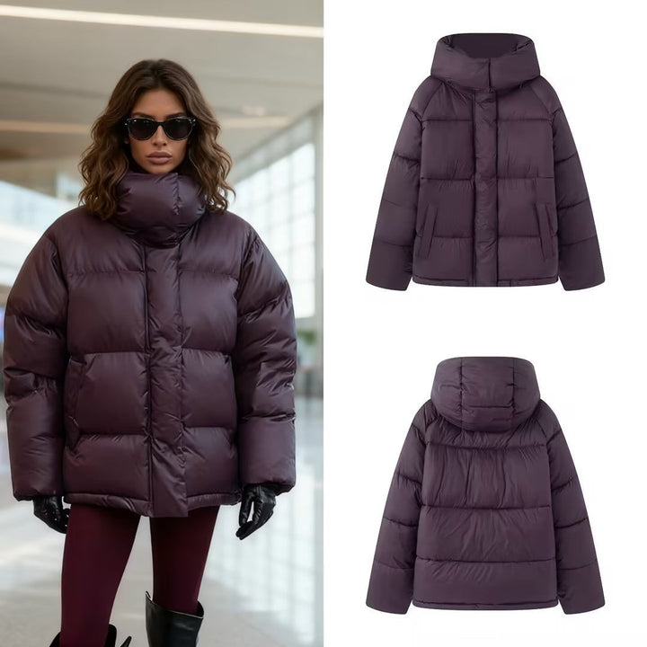 Dam Boxig Quiltad Jacka med Hög Krage, Huva och Concealed Fastening