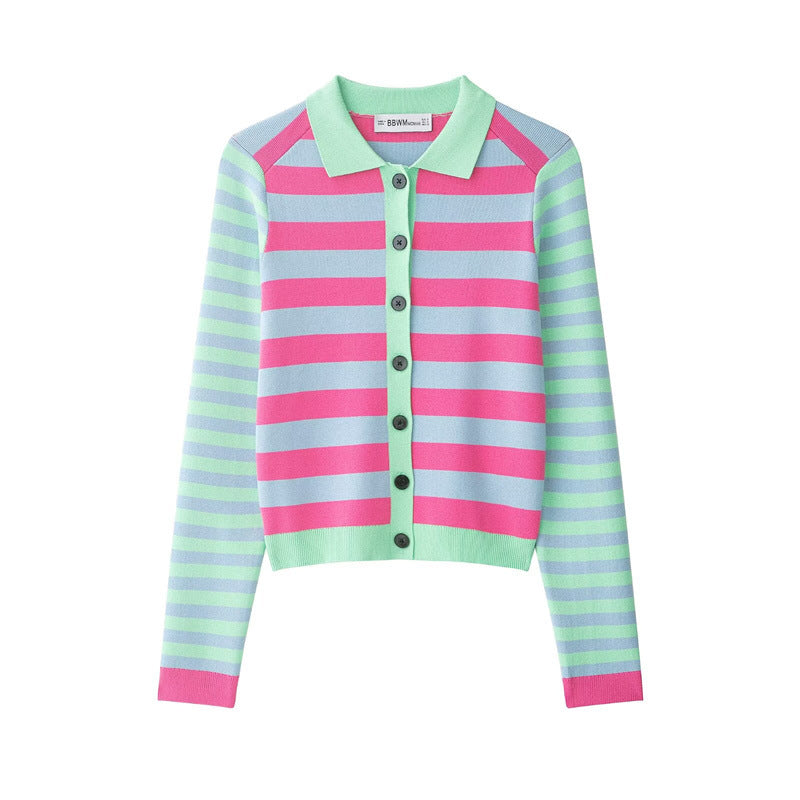 Dam Randig Kort Stickad Jacka med Polo Krage, Contrasting Knapplist och Ribbstickade Muddar