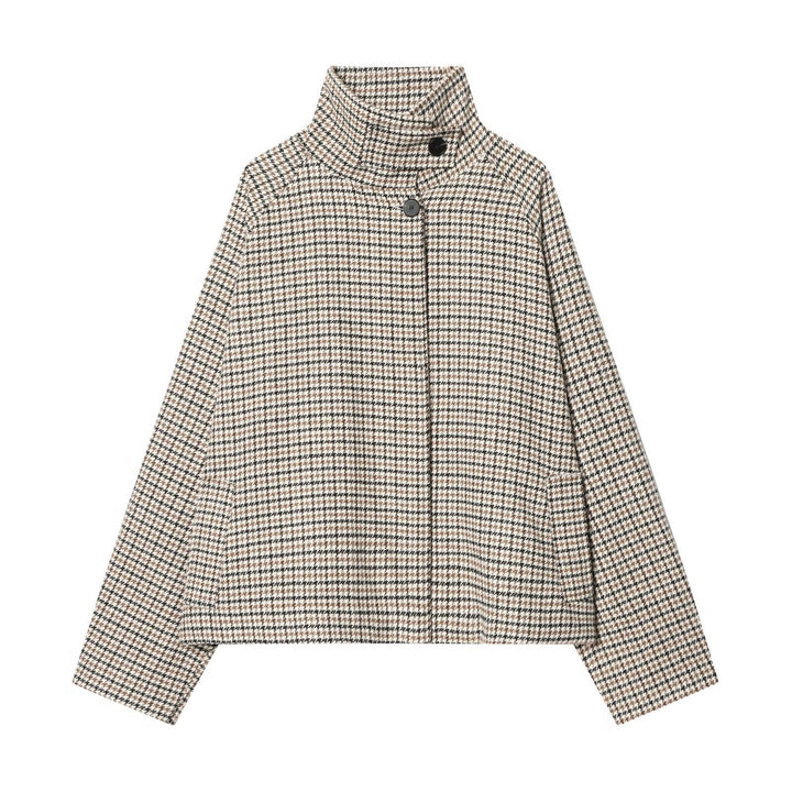 Dam Kort Jacka i Hundtand Mönster med Hög Stå Krage och Oversize Raglan Ärmar