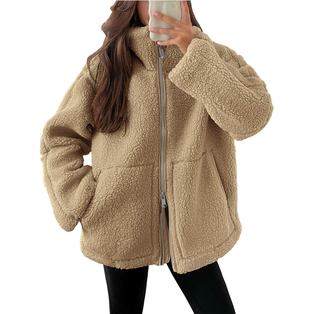 Dam oversized teddy fleecejacka med ståkrage och full-length dragkedja