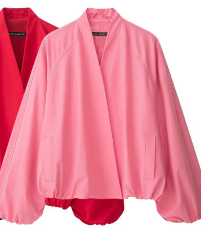 Dam Oversize Kimono Jacka med Voluminous Balloon Ärmar och Elastic Nederkant