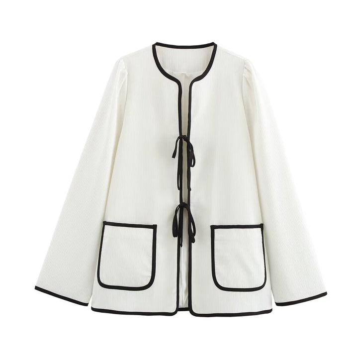 Dam Elegant Kort Jacka utan Krage med Contrast Piping, Ties och Utanpåfickor