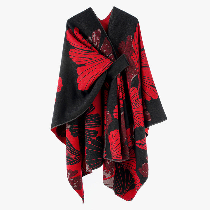 Dam Oversized Jacquard Cape Gjord av Ullblandning med Blommig Jacquard och Fram Loop