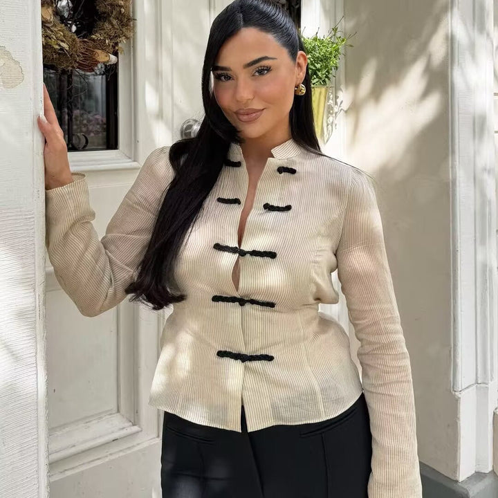 Dam kort jacka med ståkrage, Chinese cord fasteners och pinstripes
