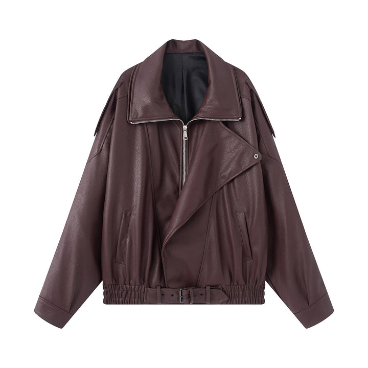 Dam oversized bikerjacka tillverkad av vegan läder look med asymmetrisk dragkedja, bred sjalkrage och waist-accentuating bälte