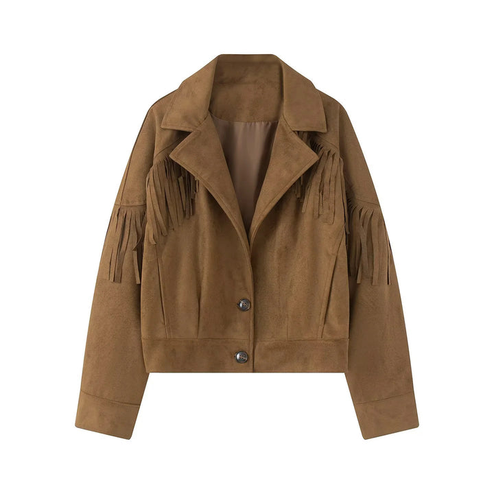 Dam kort mockalook fringe jacka med lapel krage och concealed knäppning