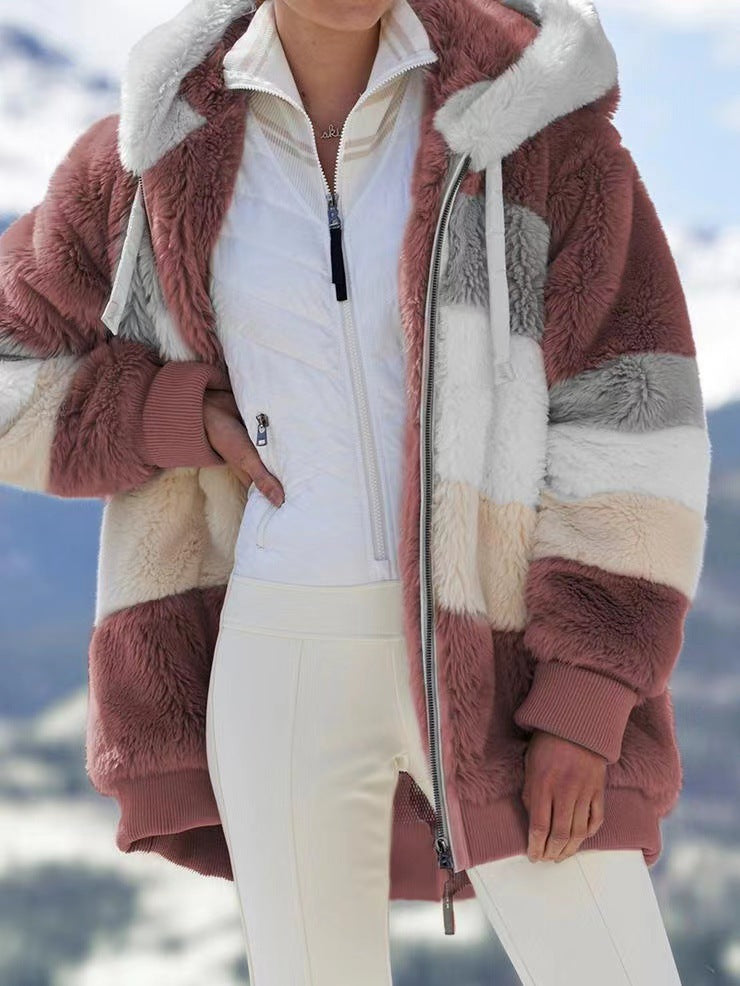 Dam oversized vadderad faux pälsjacka med huva, block stripes och ribbstickade muddar