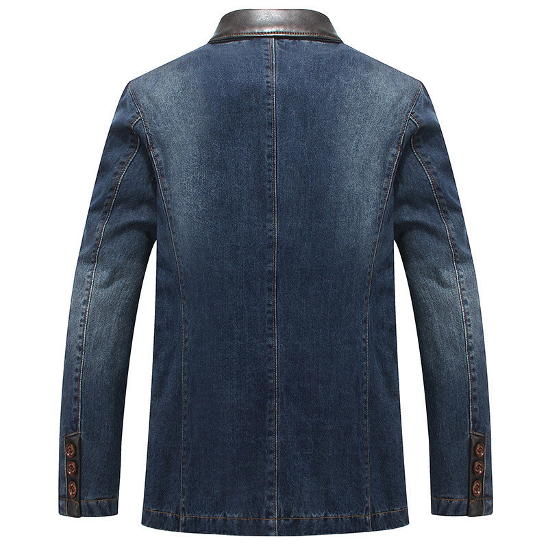 Herr Elegant Denim Kavaj Stil Jacka med Konstläder Trim och Paisley Foder