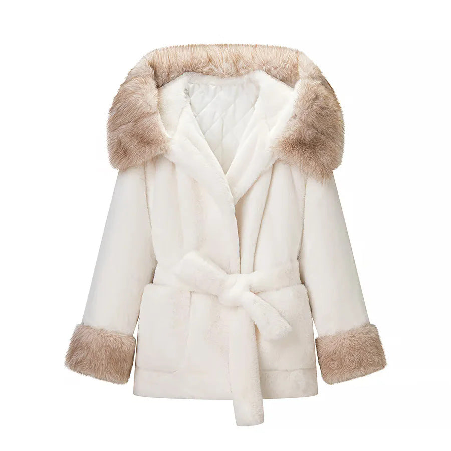 Dam mysig faux fur kappa jacka med huva, midjebälte och kontrast foder