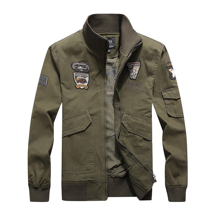 Herr Canvas Pilot Jacka med Embroidered Patches, Flera Fickor, och Ribbad Muddar