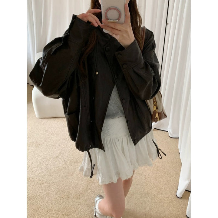Dam oversize bikerjacka gjord konstläder med vid Lapels och Voluminous ärmar