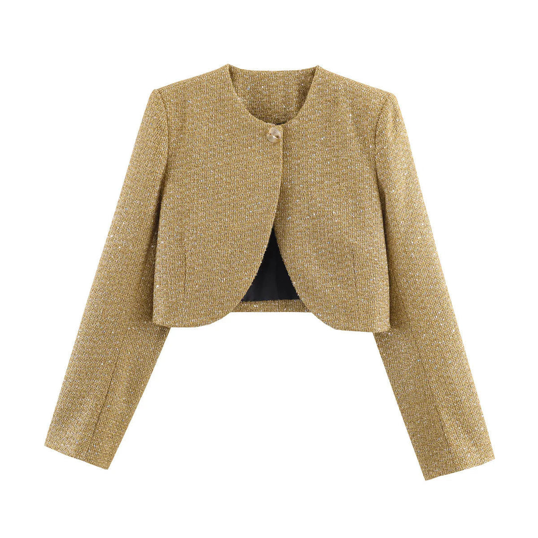Dam kort Boucle blazer jacka med rund hals och Decorative Button
