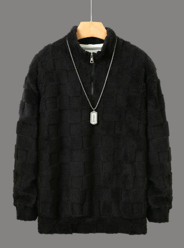 Herr Rutig Sherpa Halv Dragkedja Pullover med Hög Ståkrage och Mjuk Teddy Fleece Quality