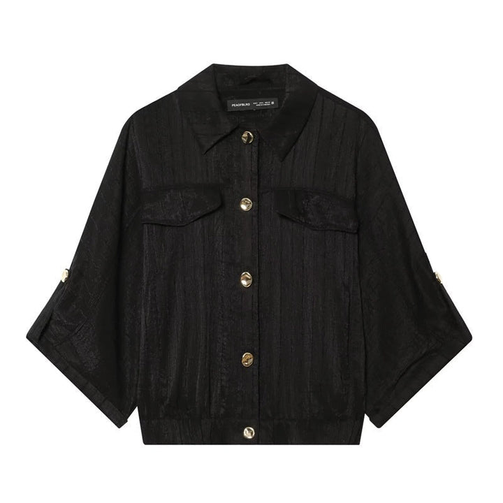 Dam Boxig Overshirt Jacka Midja Kort med 3/4 Ärmar och Guld Knappar