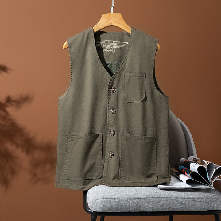 Herr Sleeveless Utility Canvas Väst med V-Neck, Knapplist, och Utanpåfickor