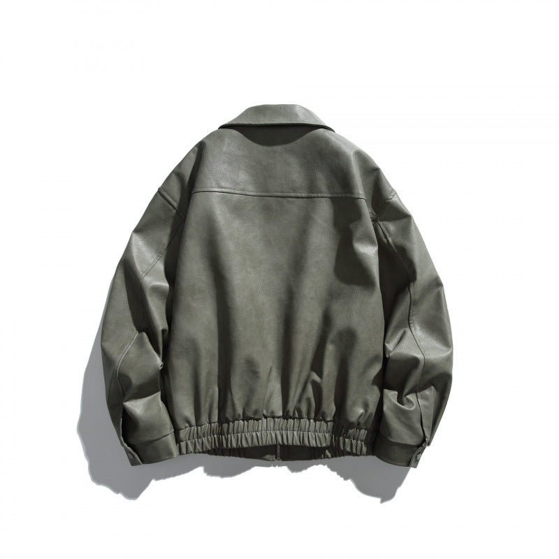 Herr kort boxig läderlook blouson jacka med skjortkrage, front dragkedja och elastisk fåll