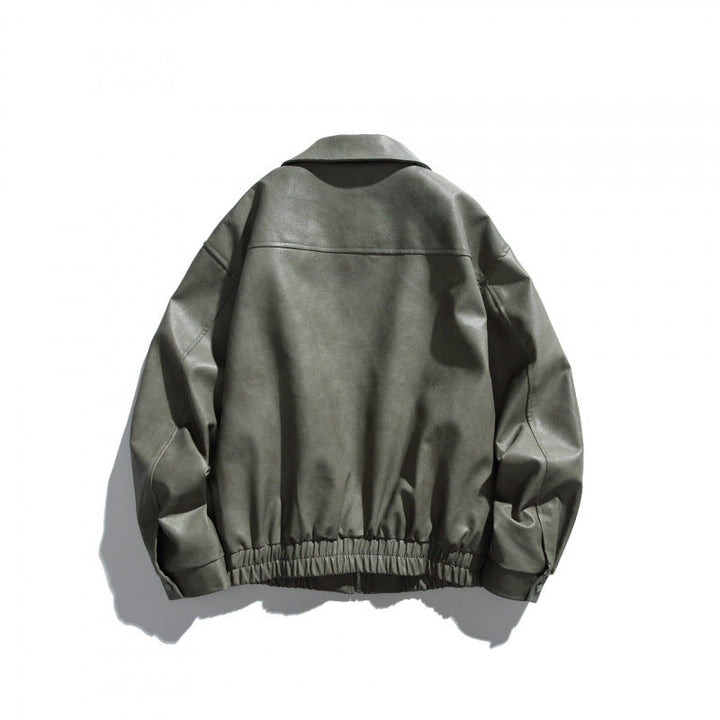 Herr kort boxig läderlook blouson jacka med skjortkrage, front dragkedja och elastisk fåll