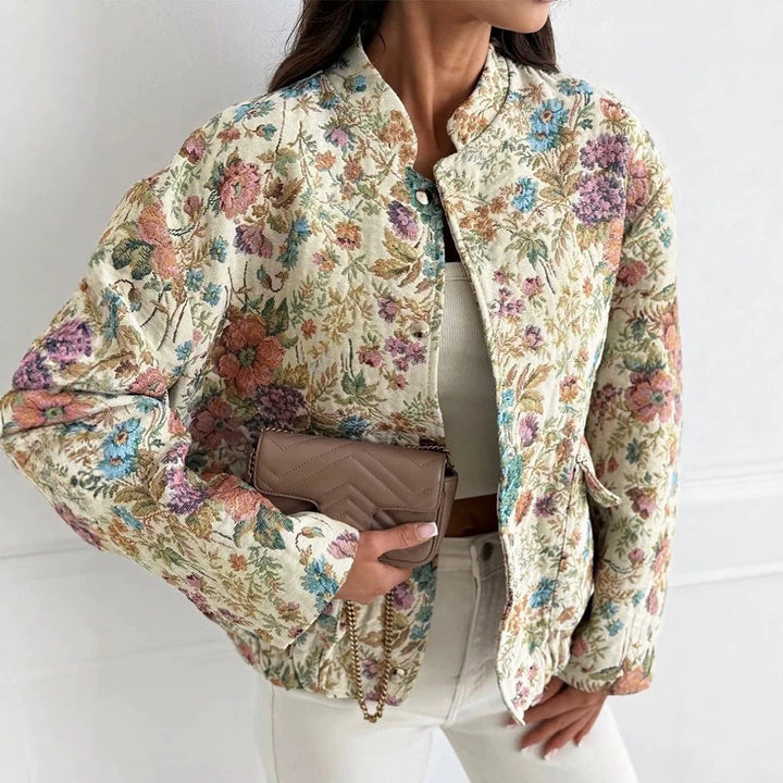 Dam Floral Jacquard quiltad jacka med Standing krage och elastisk fåll
