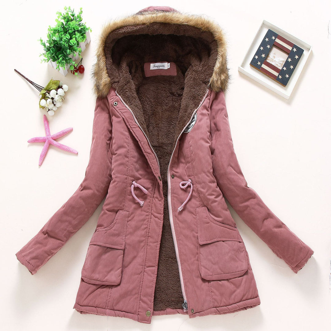 Dam high-värmande vinter parka med teddy foder, drawstring och faux fur kant
