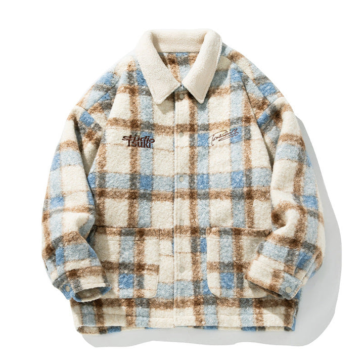 Unisex Mysig Teddy Fleece Skjortjacka i Check Design med Tryckknapp Knapp Knäppning och Patch Fickor