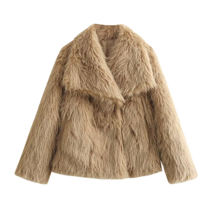 Dam kort Boxy Faux Fur jacka med vid Shawl krage och lång Fiber Faux Fur