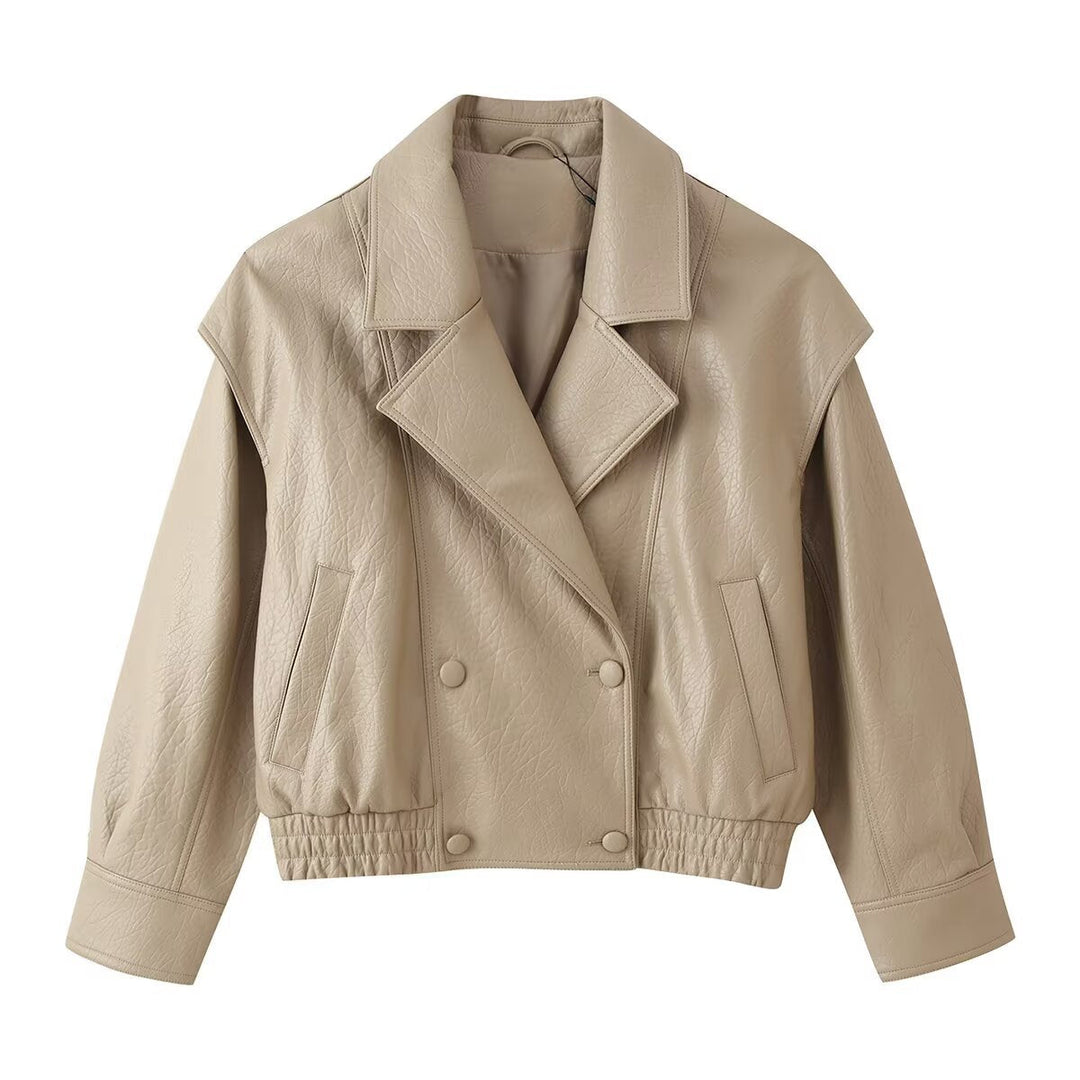 Dam Kort Läderlook Blouson med Double Row, Elastic Nederkant och Oversize Lapels
