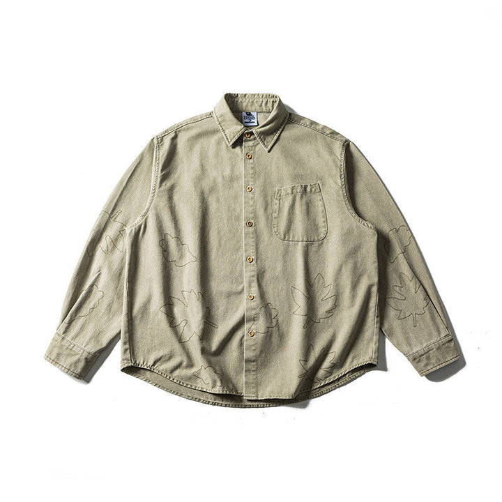 Unisex Oversized Skjorta Jacka med Embroidered Leaf Motifs och Rounded Fåll