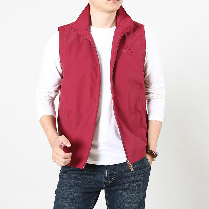 Herr Sleeveless Utility Väst med Ståkrage, Dragkedja och Fickor