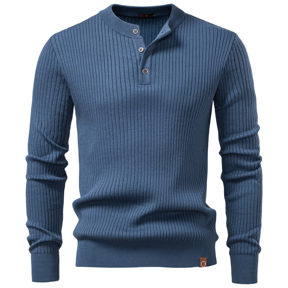 Herr Ribbad Lång-Ärm Henley Pullover med Ståkrage, Fin Rib Stickad och Smal Passform