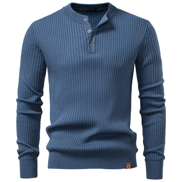 Herr Ribbad Lång-Ärm Henley Pullover med Ståkrage, Fin Rib Stickad och Smal Passform