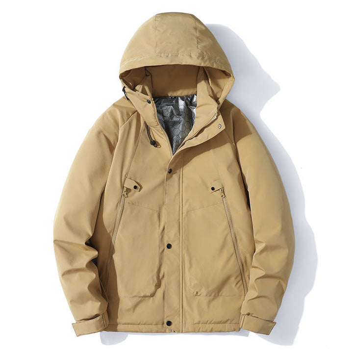 Herr lätt med huva Jacka tillverkad av softshell med värmande foder och Minimalistisk Dragkedja Fickor