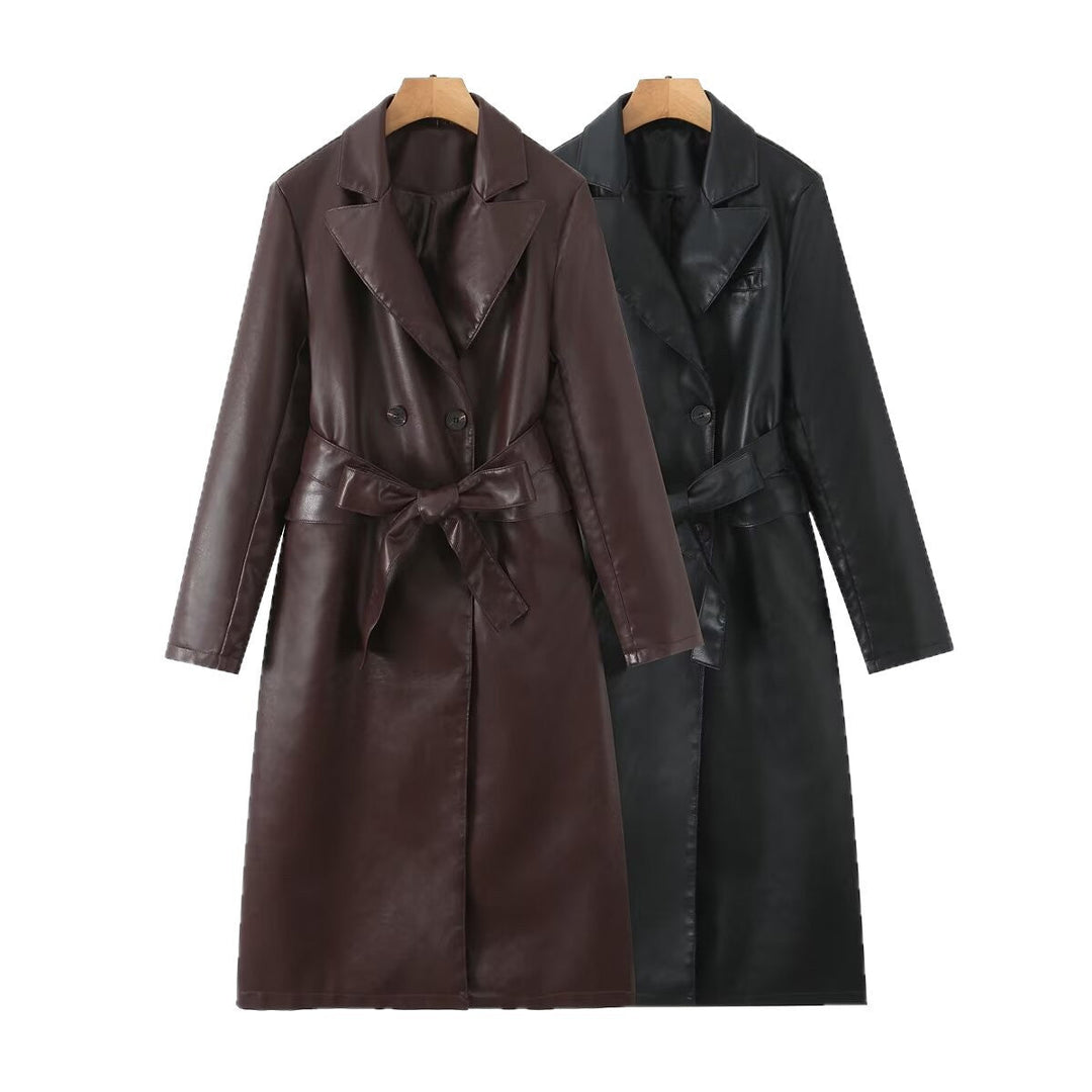 Dam Lång Modell Konstläder Trenchcoat med Dubbel-Breasted Knapplist och Midjebälte
