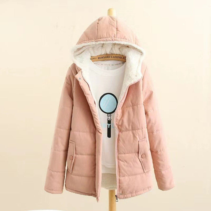 Dam quiltad hooded jacka med teddy foder, concealed snap knäppning och flap fickor