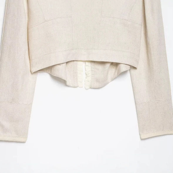 Dam Kort Military Blazer med Stå Krage, Dekorativ Knapp-Free Row och Pleated Ärmar