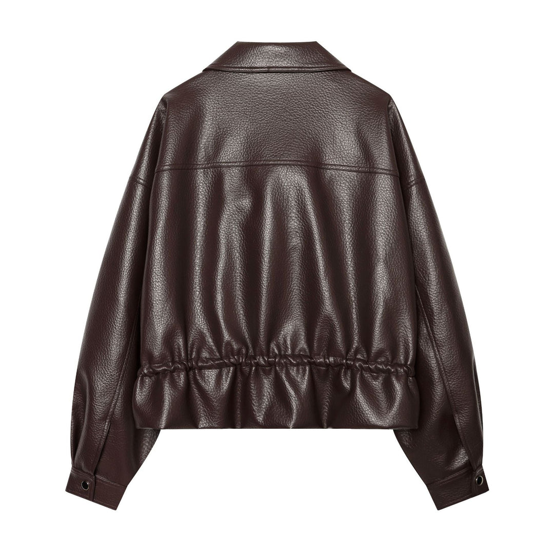 Dam Kort Läder-Look Blouson med Drawstring Waist