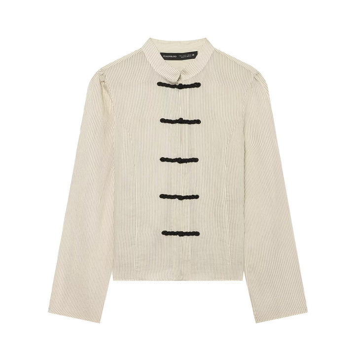 Dam kort jacka med ståkrage, Chinese cord fasteners och pinstripes
