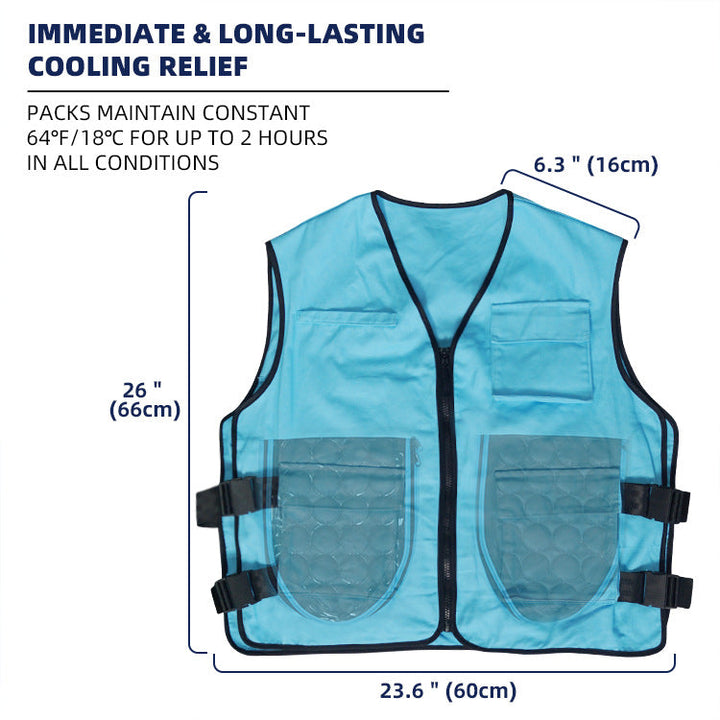 Unisex kylväst med reusable gel cooling inserts, adjustable side buckles, och multiple fickor