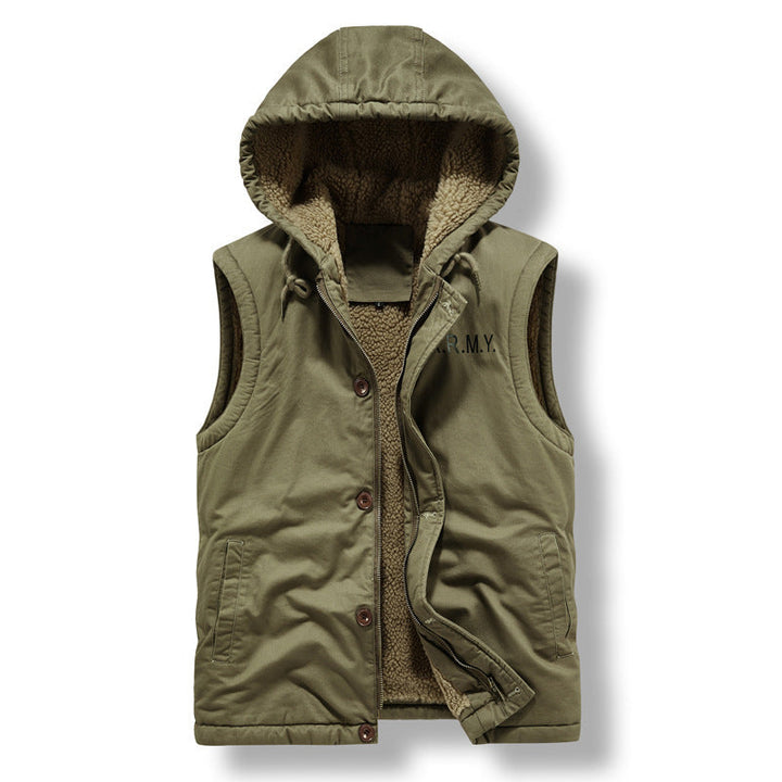 Herr Sleeveless Canvas Väst med Teddy Fleecefoder, Huva, och Tvåvägsdragkedja
